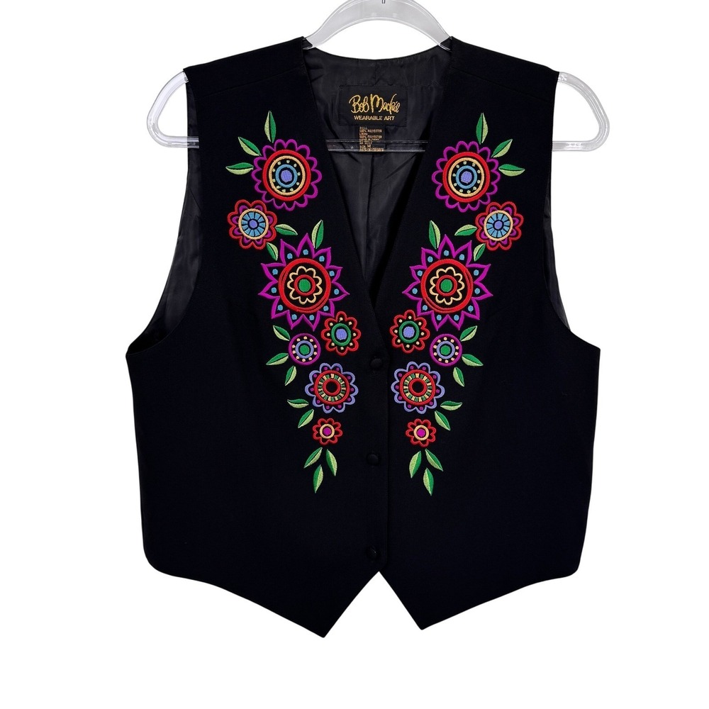Bob Mackie Wearable Art Artsy Boho Vest Black Floral Embroidered Womens Medium - Picture 2 of 7